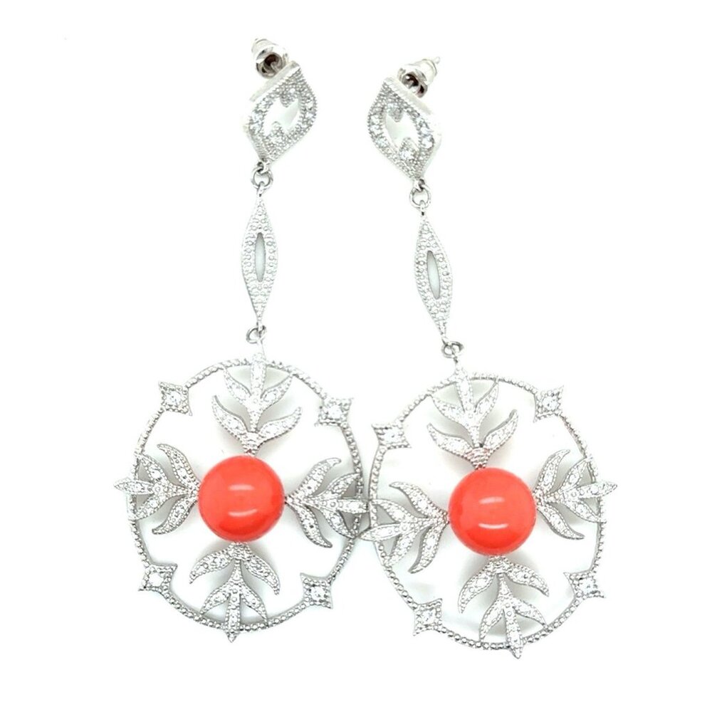 Stunning 925 Silver Long Coral/Cz Earrings